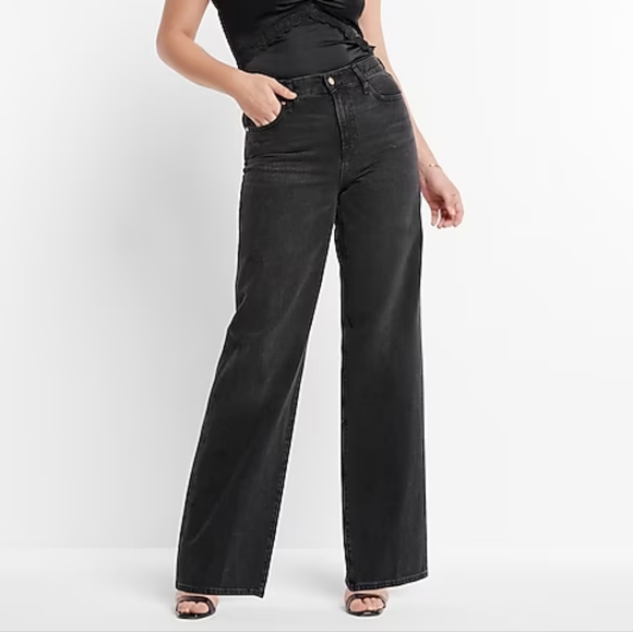 Express High Waisted Washed Black Wide Leg Jeans - Size 4 - Picture 1 of 9